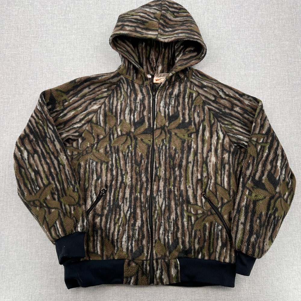 VTG Y2K Cabelas Treebark Hooded Camo Fleece Jacket Men XXL Mossy Oak Hunting USA
